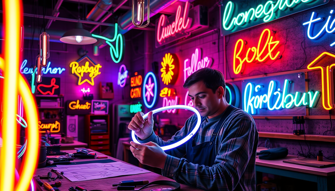 Alt-Text:Mann gestaltet individuelle Neon-Schilder in Werkstatt, 2024-Trends.