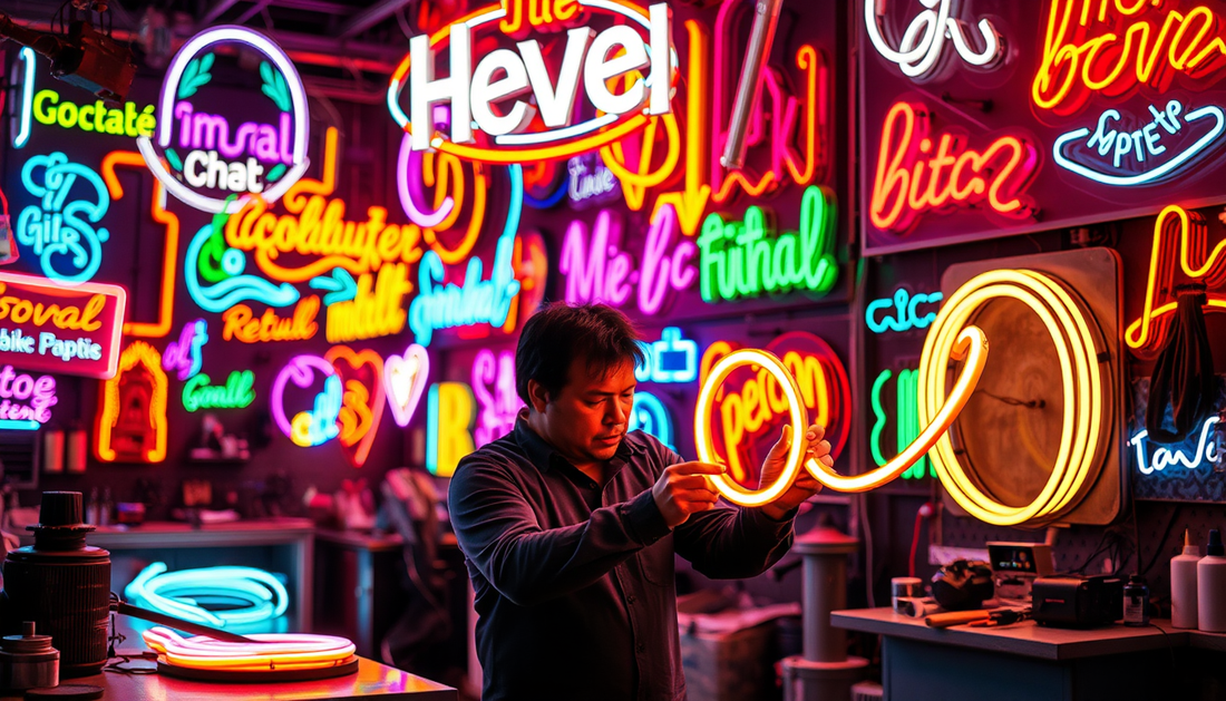 Ein Mann gestaltet Neon-Schilder in einer Werkstatt voller bunter Leuchtreklamen.