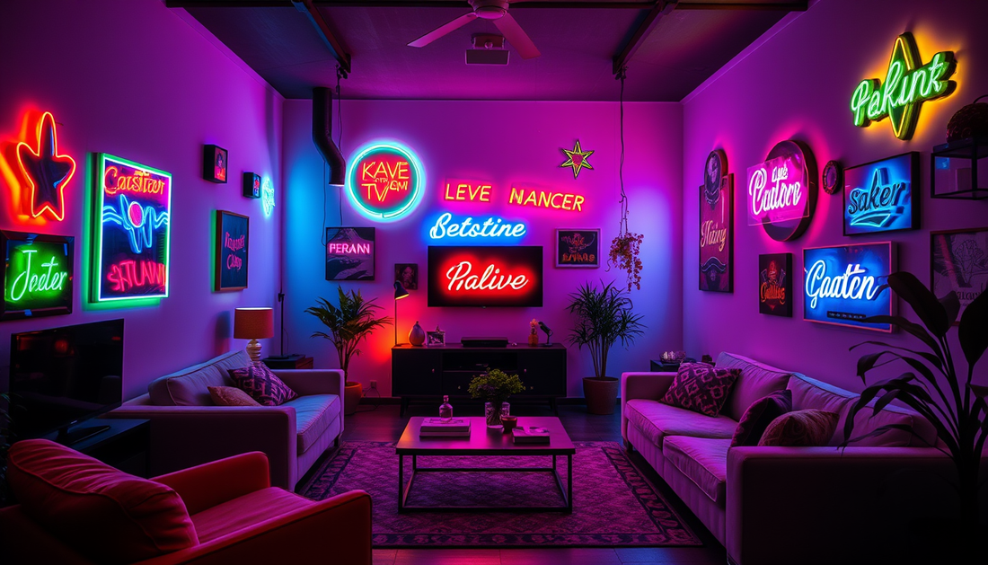 Wohnzimmer mit bunten, individuellen Neon-Schildern an den Wänden.