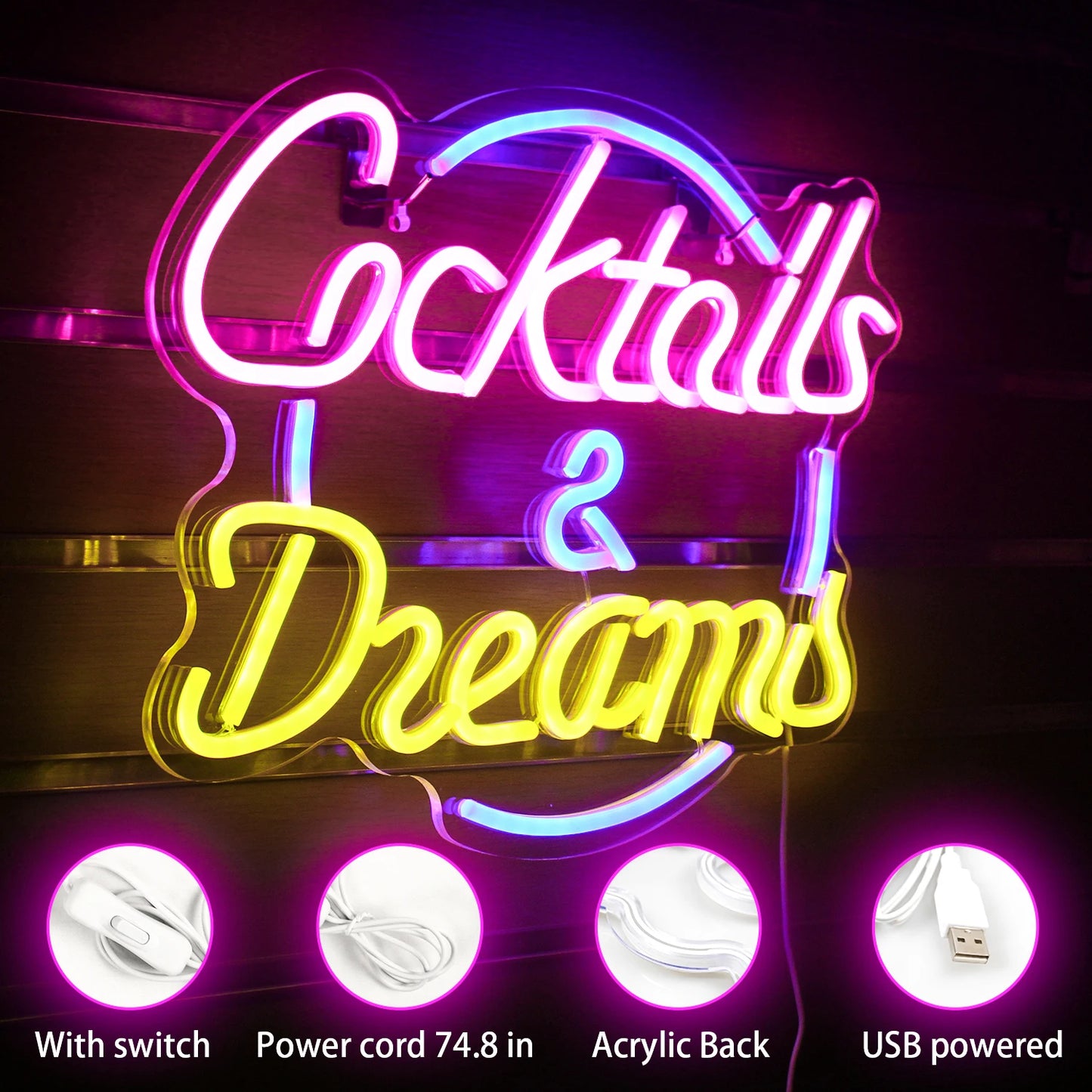 Neonschild Cocktais $ Dreams  beleuchtete Werbung Wanddekoration Bier Bar Shop Pub Club Nachtclub Geburtstagsfeier dekoratives Neon Nachtlicht