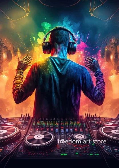 Coole Neon-Stil DJ Jungen mit einem Kopfhörer hören Musik Kunst Poster Leinwand Malerei Wand druck Bild Wohnzimmer Wohnkultur