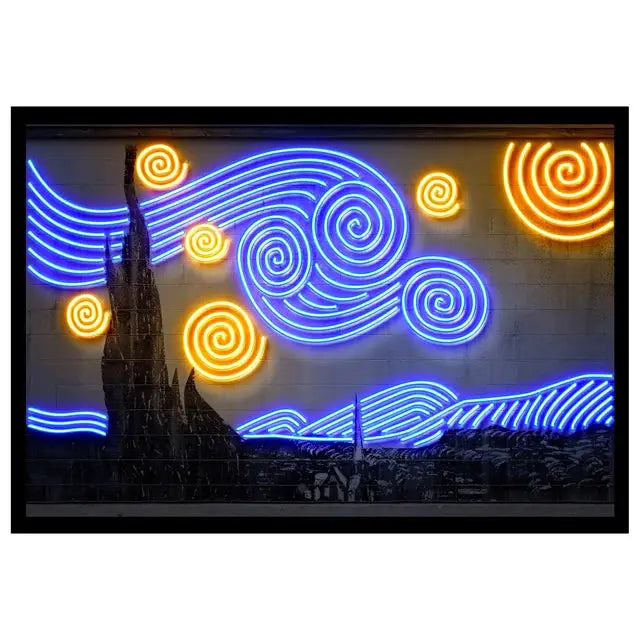"Kunstvolle Fusion: Neon-Poster der Sternennacht von Van Gogh vereinen sich mit Straßen-Graffiti zu beeindruckender Wandkunst für Ihr Zuhause"