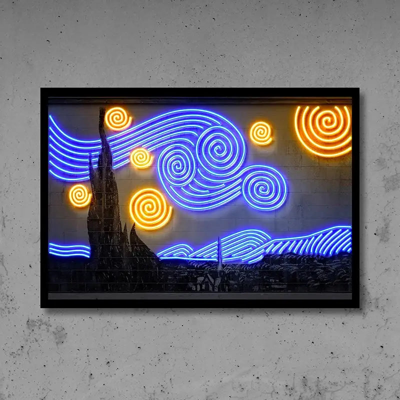 "Kunstvolle Fusion: Neon-Poster der Sternennacht von Van Gogh vereinen sich mit Straßen-Graffiti zu beeindruckender Wandkunst für Ihr Zuhause"