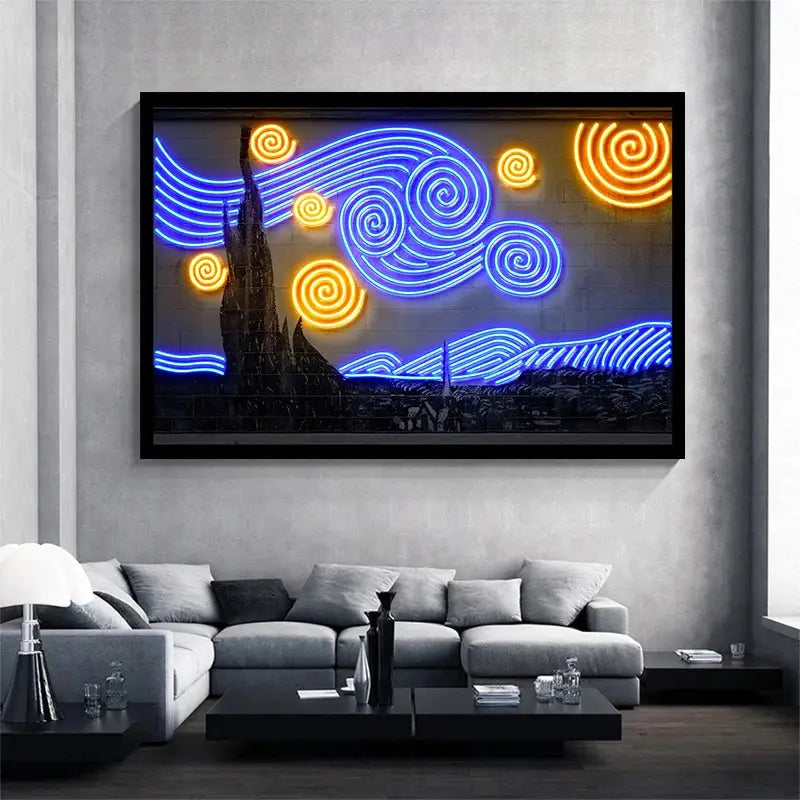 "Kunstvolle Fusion: Neon-Poster der Sternennacht von Van Gogh vereinen sich mit Straßen-Graffiti zu beeindruckender Wandkunst für Ihr Zuhause"