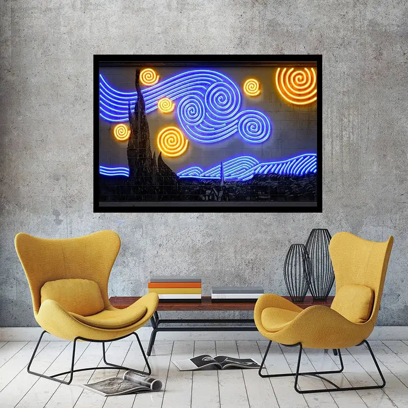 "Kunstvolle Fusion: Neon-Poster der Sternennacht von Van Gogh vereinen sich mit Straßen-Graffiti zu beeindruckender Wandkunst für Ihr Zuhause"