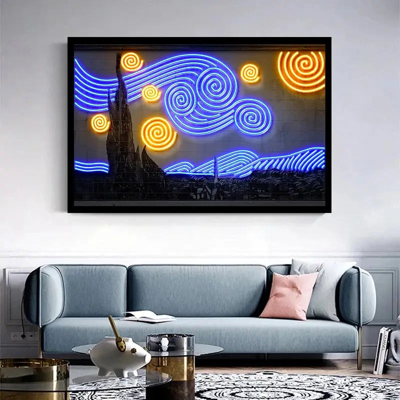 "Kunstvolle Fusion: Neon-Poster der Sternennacht von Van Gogh vereinen sich mit Straßen-Graffiti zu beeindruckender Wandkunst für Ihr Zuhause"