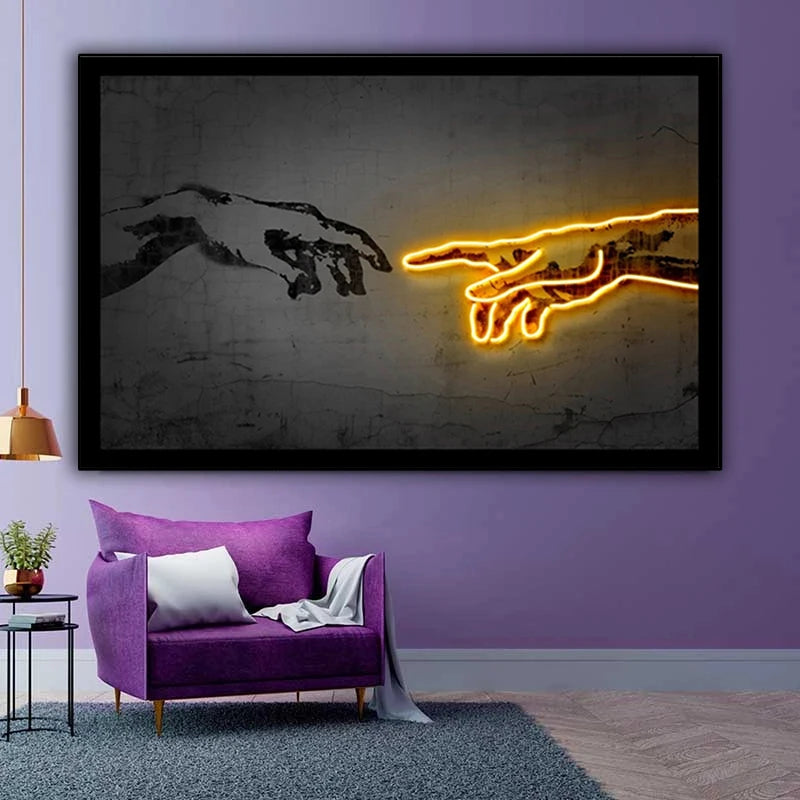 Neon Stil Hand Zu Hand Durch Michelangelo Leinwand Malerei Die Schaffung von Adam Poster Drucken Wand Bilder Wohnzimmer Hause decor