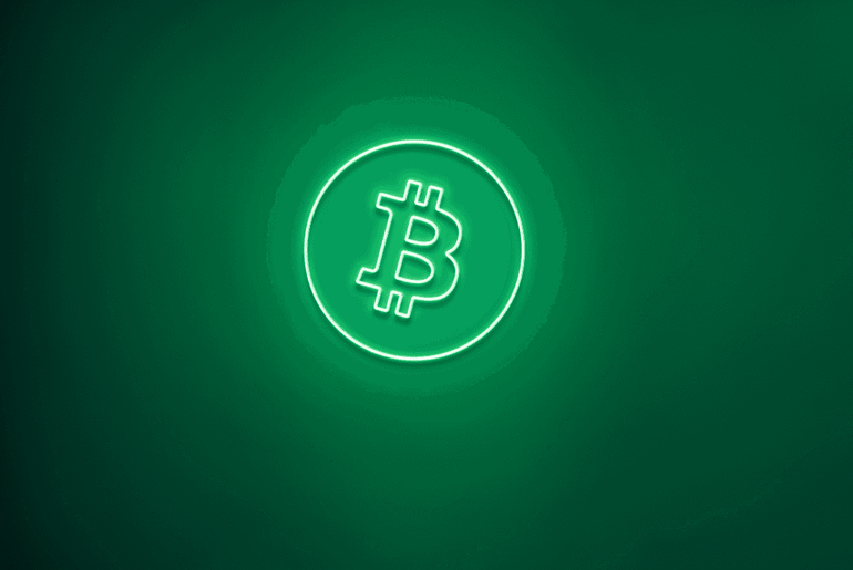 Grünes Bitcoin Logo Neon Schild an der Wand